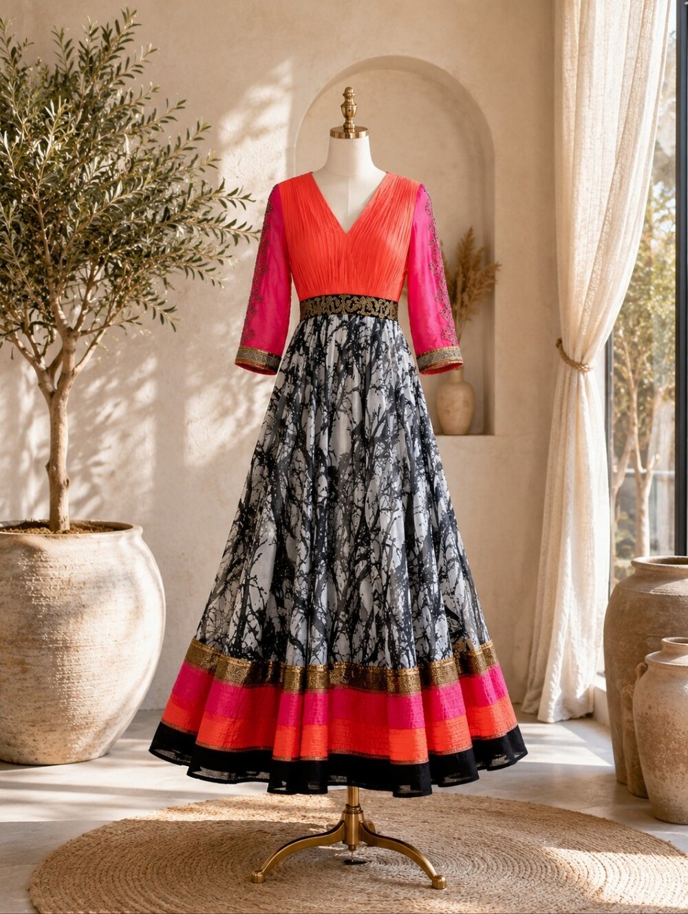NWT Asmira Embroidered Boho Maxi Dress Coral Pink Gold Occasion Dress